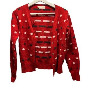 Pattern Red Polka Dot Ribbed Trim Long Sleeve Button Down Cardigan Size Small